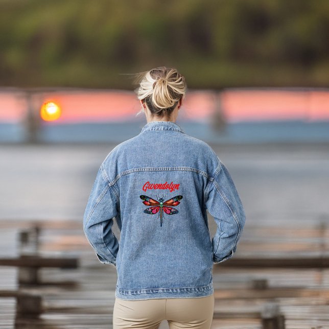 Orange Magenta Pink and Turquoise Dragonfly Name Denim Jacket (Creator Uploaded)