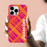 Orange magenta plaid pattern custom name iPhone 13 pro case<br><div class="desc">Iphone case featuring a plaid pattern in bright orange and magenta,  and your custom name.</div>