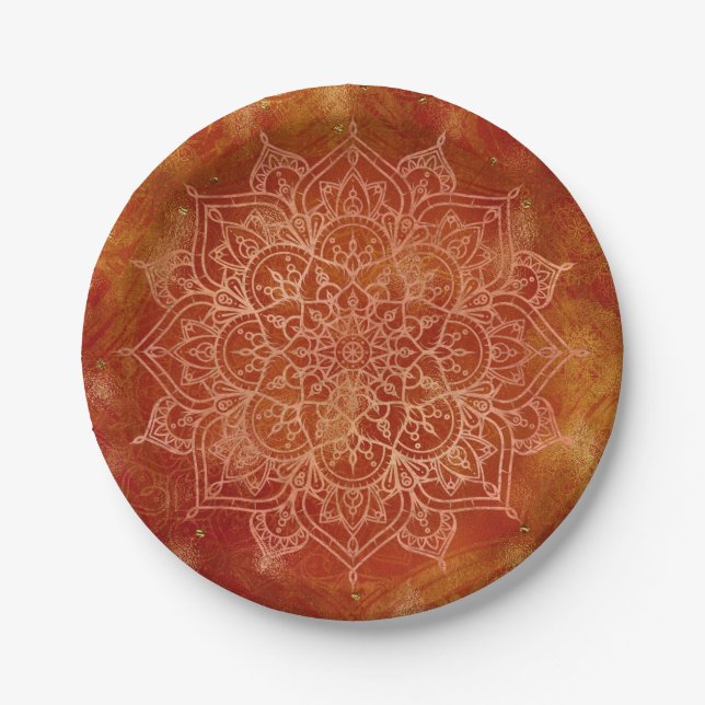 Orange Mandala & Gold Glam Modern Chic Paper Plate (Front)
