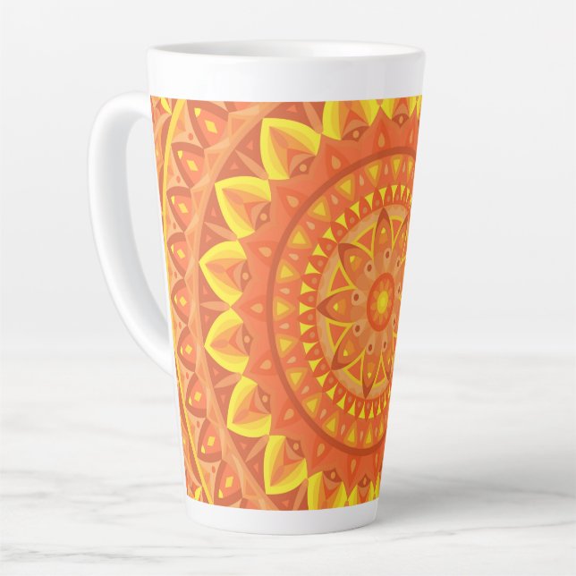 Orange Mandala Warm Boho Pattern Vibrant Cozy Latte Mug (Left Angle)