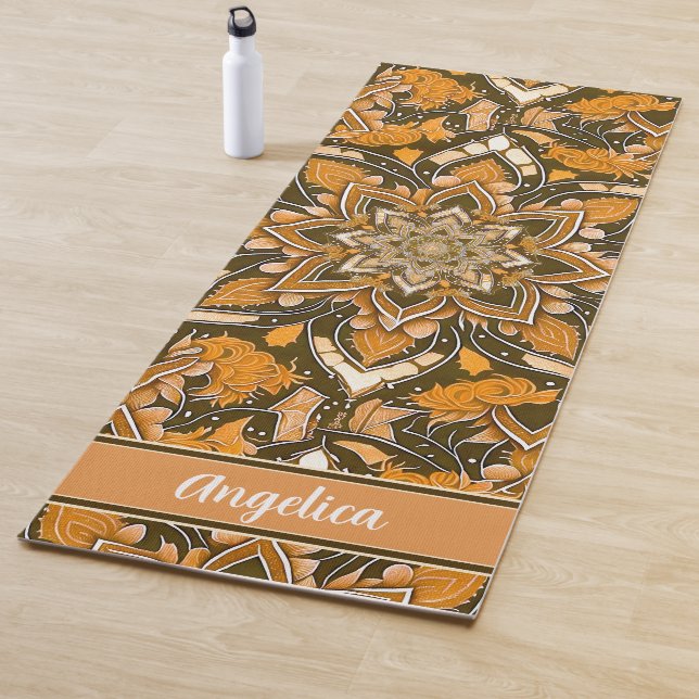 Orange Mandala Yoga Mat with Customizable Name (In Situ)