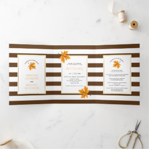 Orange maple leaves and brown stripes fall wedding Tri-Fold invitation
