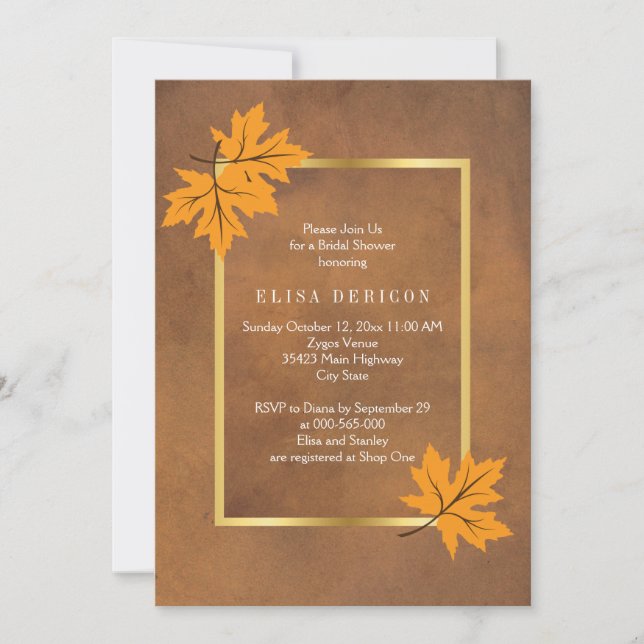 Orange maple leaves brown wedding bridal shower invitation (Front)