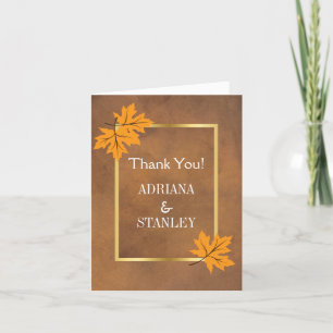 Orange maple leaves on brown wedding Thank You