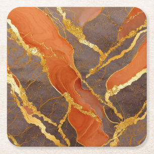 Orange Marble Pattern with Gold Square Paper Coaster