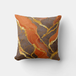 Orange Marble Pattern with Gold Throw Pillow