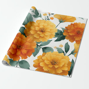 Orange Marigold Botanical Floral Watercolor Autumn Wrapping Paper