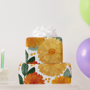 Orange Marigold Botanical Floral Watercolor Autumn Wrapping Paper