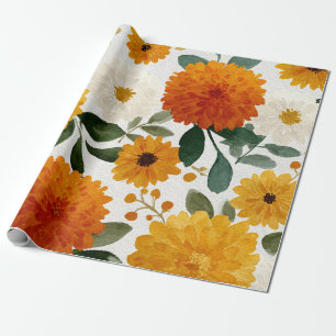 Orange Marigold Botanical Floral Watercolor Autumn Wrapping Paper