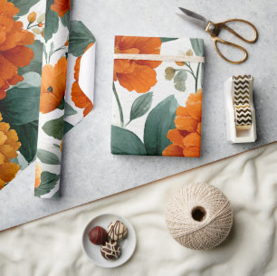 Orange Marigold Botanical Floral Watercolor Autumn Wrapping Paper