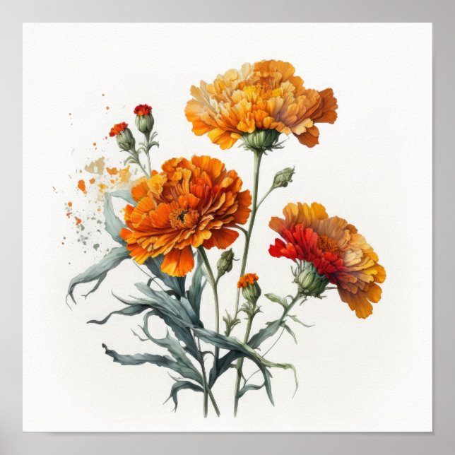 Orange Marigold Flowers Art Imprimer Poster (Devant)