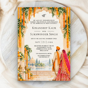 Orange Marigold Palace Arch Sikh Wedding Invitation