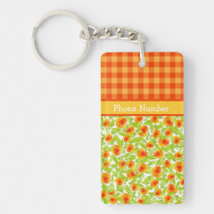Orange Marigolds and Check Gingham Oblong Keychain