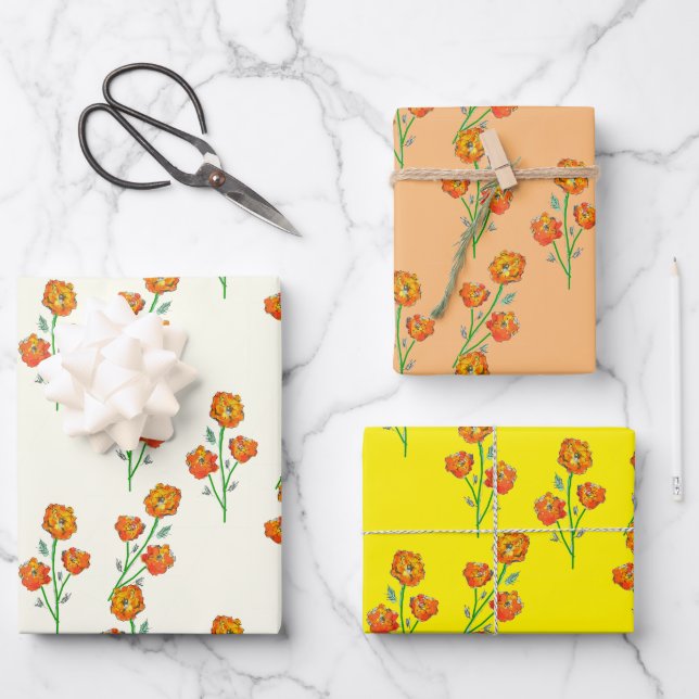 Orange Marigolds Hand-Illustrated Floral Botanical Wrapping Paper Sheet (Front)