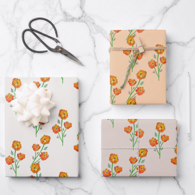Orange Marigolds Hand-Illustrated Floral Botanical Wrapping Paper Sheet (Front)