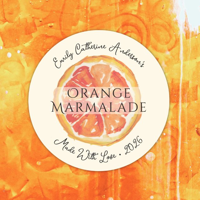Orange Marmalade Artisan Jam Jar Product Labels (This elegant orange marmalade jam jar label features my own original watercolor citrus art.)