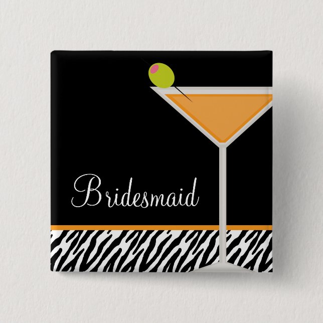 Orange Martini and Zebra Pattern 2 Inch Square Button (Front)