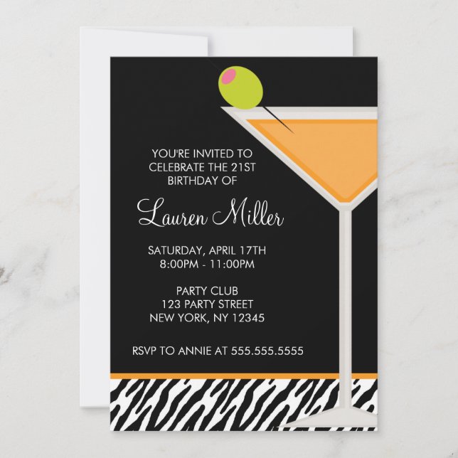 Orange Martini and Zebra Pattern Invitation (Front)