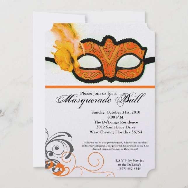Orange Masquerade Ball Mask Costume Halloween Part Invitation (Front)
