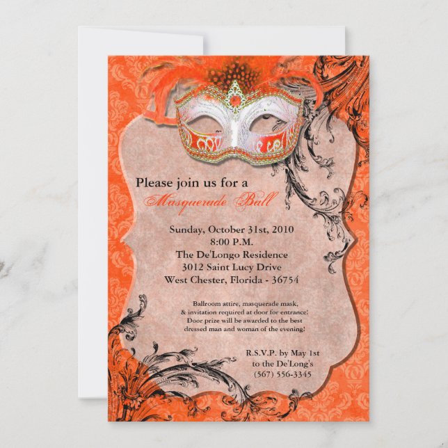 Orange Masquerade Ball Mask Costume Halloween Part Invitation (Front)