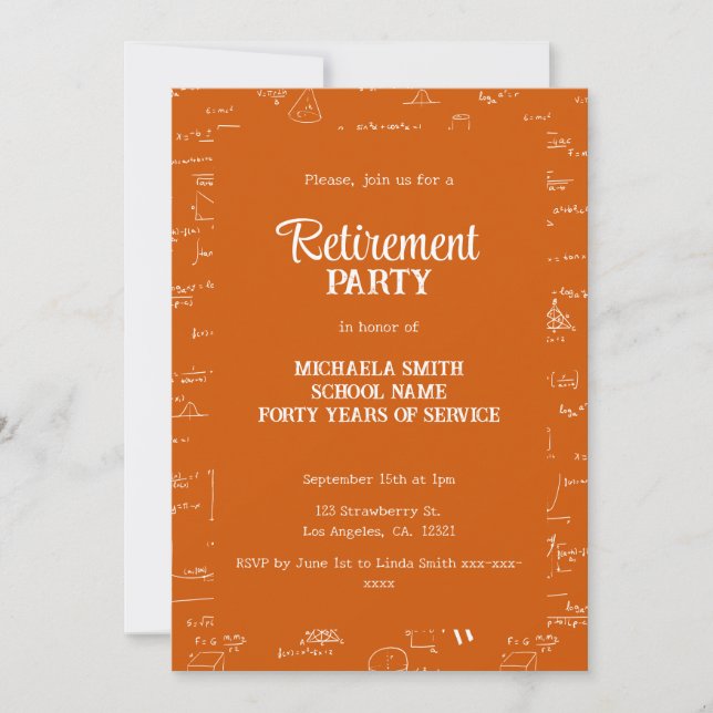 Orange Math Teacher Retirement Party Invitation (Front)