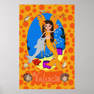 Orange Merfaery and Dolphin Print