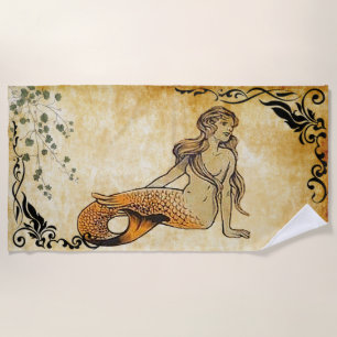 orange mermaid with border v1 beach towel