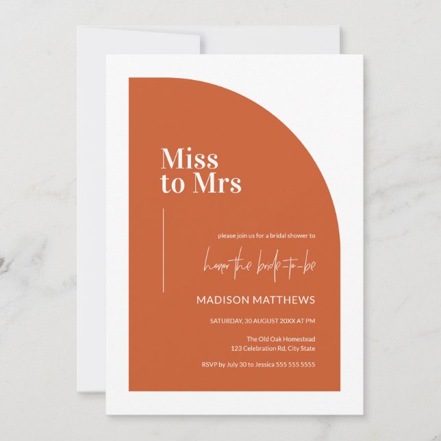 Orange Minimal Half Arch Miss to Mrs Bridal Shower Invitation (Front)