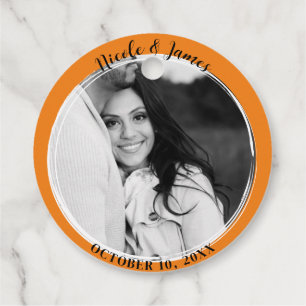 Orange Minimal Trendy Round Photo Wedding Favour Tags