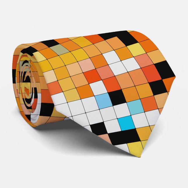 Orange Minimalist Chequered Geometric Pattern Tie (Rolled)