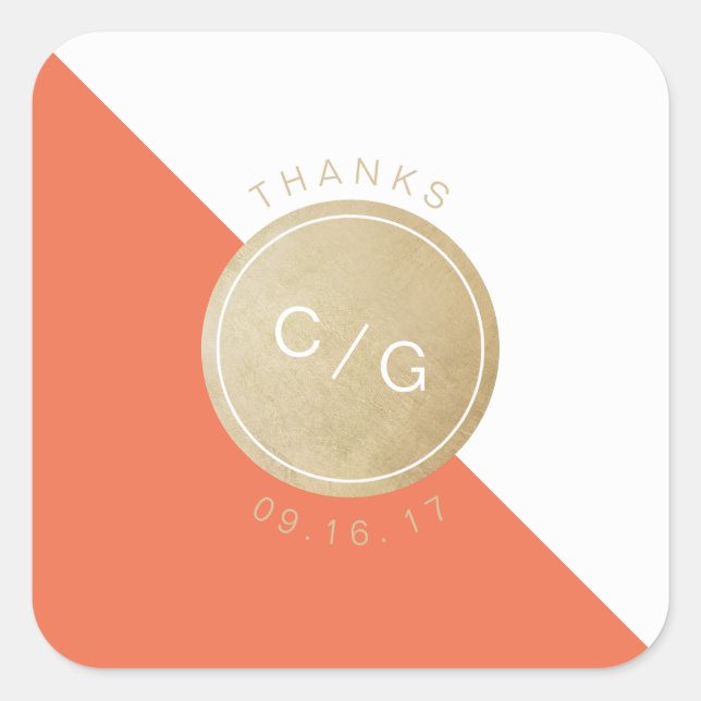Orange minimalist modern monogram thank you square sticker (Front)