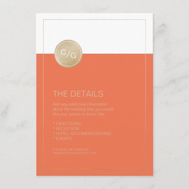 Orange minimalist modern wedding details card (Front)