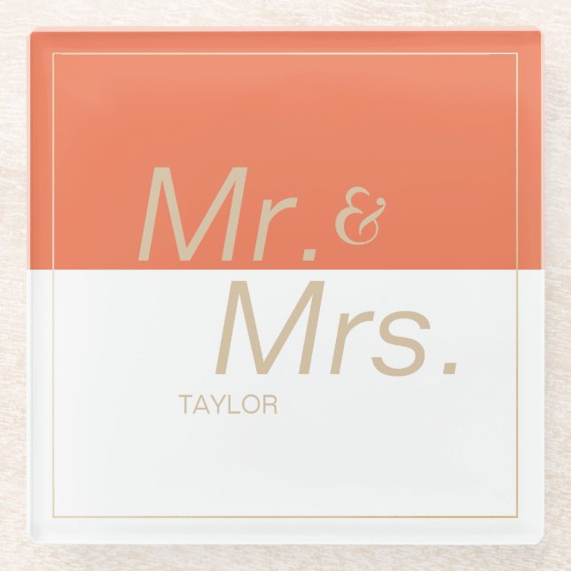 Orange minimalist modern wedding mr & mrs glass coaster (Front)