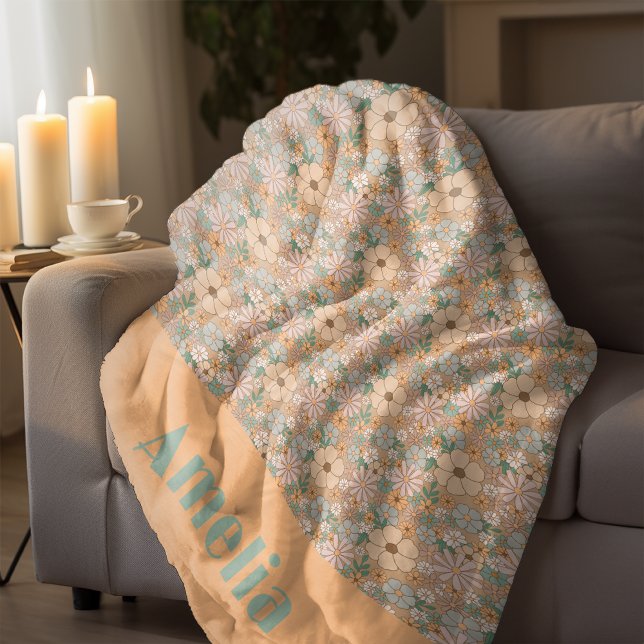 Orange mint green floral pattern name fleece blanket (Creator Uploaded)