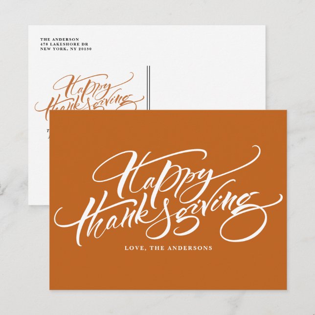 Orange Modern Calligraphy Happy Thanksgiving Holiday Postcard (Front/Back)