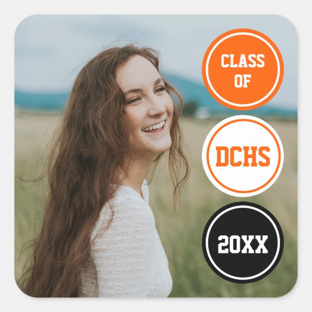 Orange Modern Circles Photo Graduation Square Sticker (Front)
