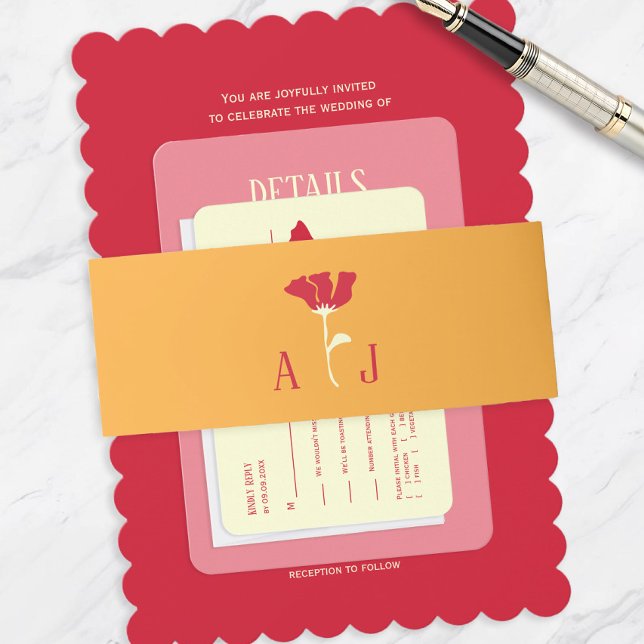 Orange Modern Flower Wedding Invitation Invitation Belly Band (Creator Uploaded)