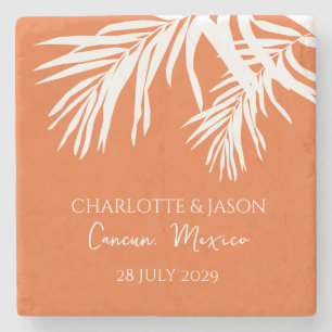 Orange  Modern Tropical Leaves Custom Wedding      Stone Coaster