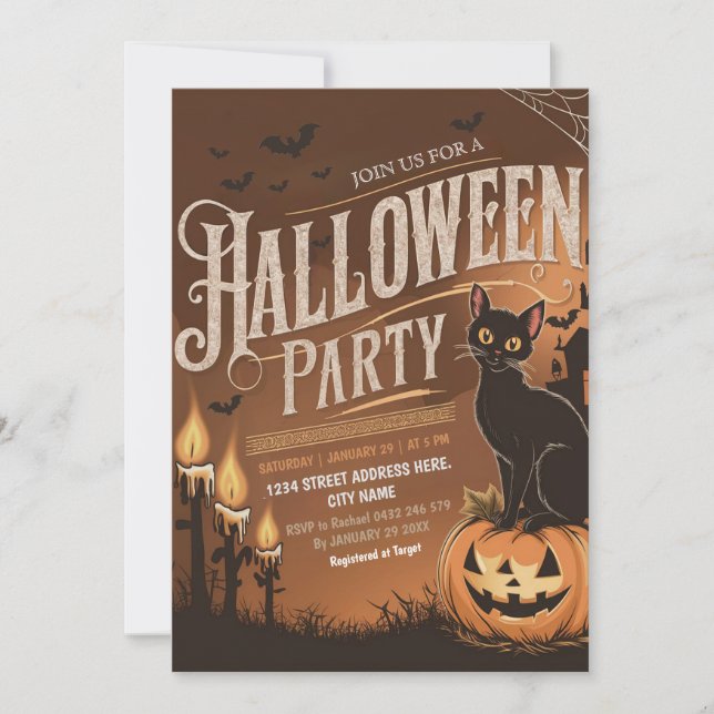 Orange Moderne Chat noir Halloween Fête Invitation (Devant)