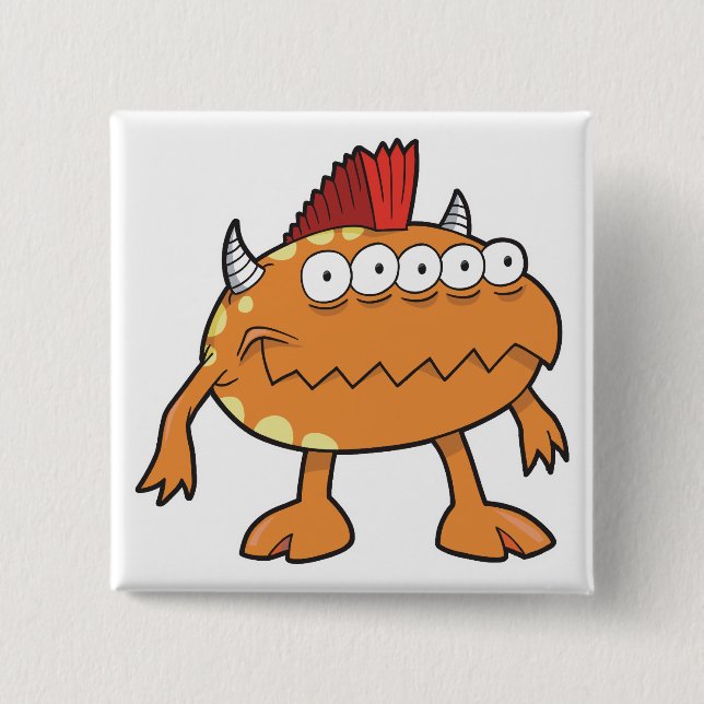 orange mohawk monster many eyes 2 inch square button (Front)