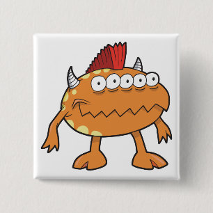 orange mohawk monster many eyes 2 inch square button