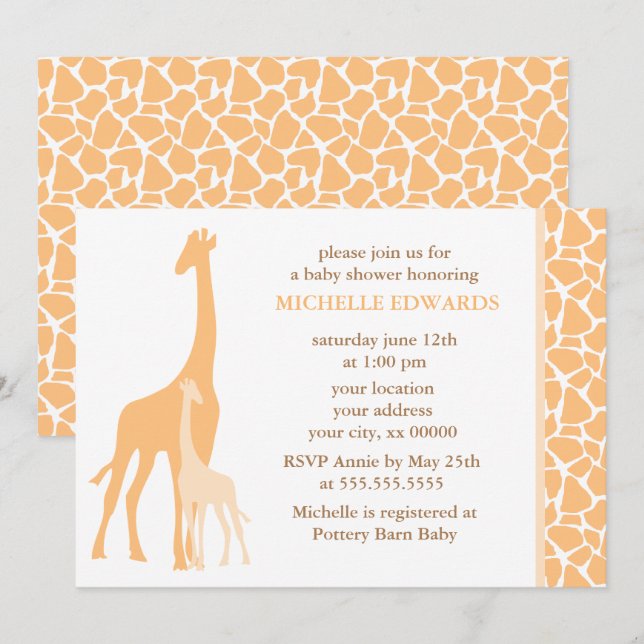 Orange Mom and Baby Giraffe Baby Shower Invitation (Front/Back)