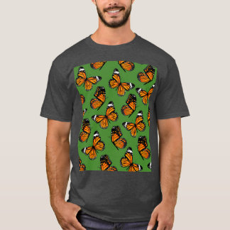 Orange Monarch Butterflies Pattern on Green T-Shirt