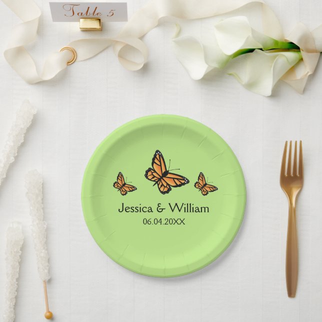 Orange Monarch Butterflies Wedding Paper Plate (Wedding)