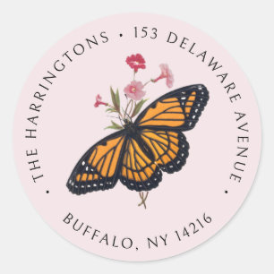 Orange Monarch Butterfly Blush Pink Return Address Classic Round Sticker