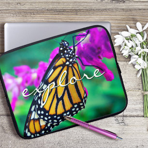 Orange Monarch Butterfly Explore Script Modern Laptop Sleeve