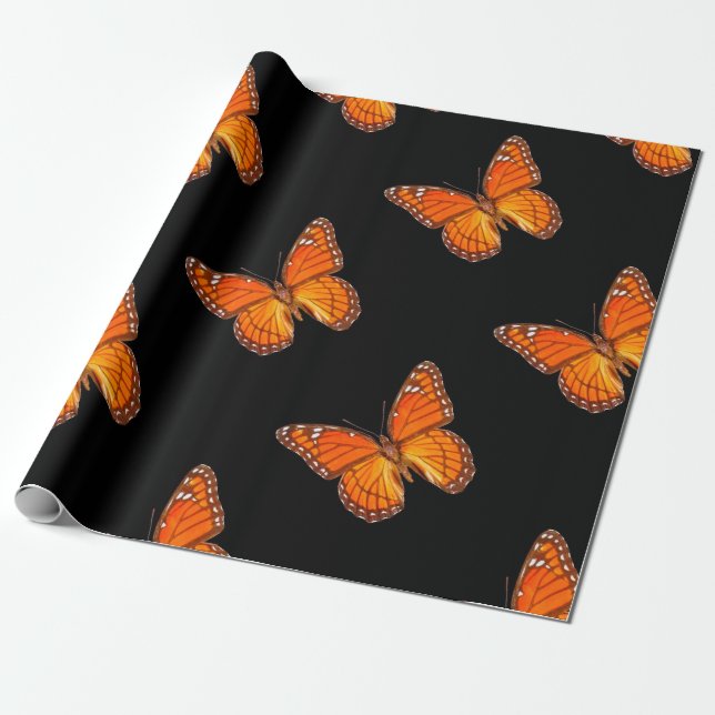 ORANGE MONARCH BUTTERFLY ON BLACK COLOR WRAPPING PAPER (Unrolled)