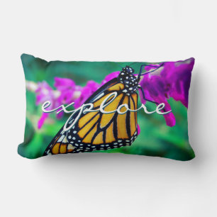 Orange Monarch Butterfly Photo Explore Script Bold Lumbar Pillow