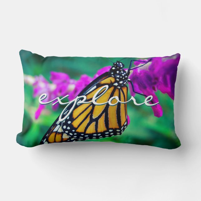 Orange Monarch Butterfly Photo Explore Script Bold Lumbar Pillow (Front)