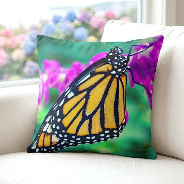 Orange monarch butterfly photo purple flower bold throw pillow (Creator Uploaded)